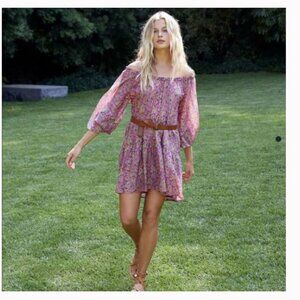 Xirena Dalyn Silk  Mini  Dress Pink Amethyst Floral Peasant Off Shoulder Sz S